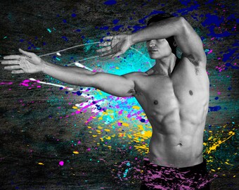 Splat Gay Art Male Art Photo Print by Michael Taggart Photography shirtless muscle muscular sixpack six pack abs yellow pink purple blue