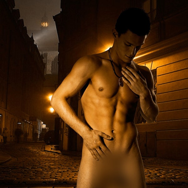 Streetlight Gay Art Male Art Nude Photo Print by Michael Taggart Photography night cobblestone mysterious dark touch