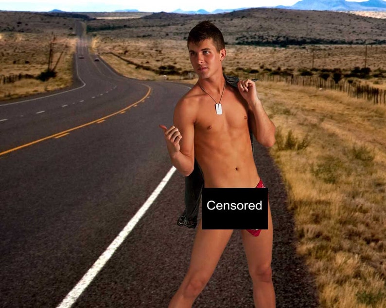 Hitchhiker Gay Art Male Art Nude Digital Download JPG Photo by Michael Taggart Photography red bandanna handkerchief road roadside highway image 1