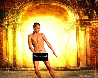 Gateway Gay Art Male Art Nude Digital Download JPG Photo by Michael Taggart Photography gold yellow light arch archway portal columns stone