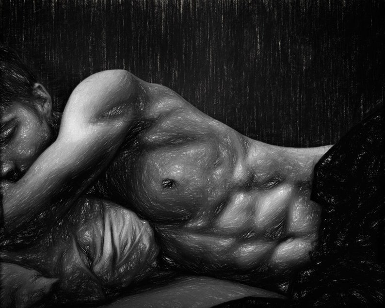 Cuddle Me Sleeping Lad Gay Art Male Art Print by Michael Taggart Photography cute handsome black and white shirtless strong abs image 1