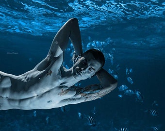 Merman Dreams Version 2 Gay Art Male Art Photo Print by Michael Taggart Photography blue aqua water sea ocean aquatic underwater muscle
