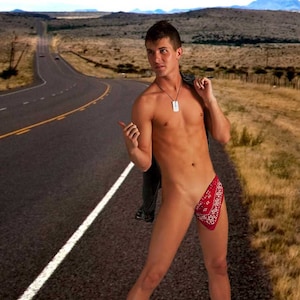 Hitchhiker Gay Art Male Art Nude Digital Download JPG Photo by Michael Taggart Photography red bandanna handkerchief road roadside highway image 2