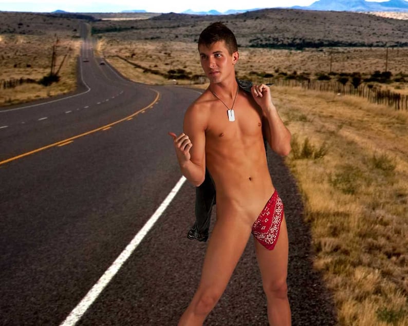 Hitchhiker Gay Art Male Art Nude Digital Download JPG Photo by Michael Taggart Photography red bandanna handkerchief road roadside highway image 2