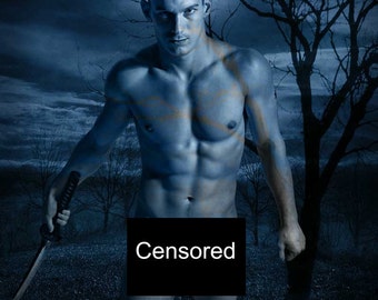 Legend of the Phantom Swordsman Gay Art Male Art Nude Photo Print by Michael Taggart Photography monochromatic blue night warrior muscular