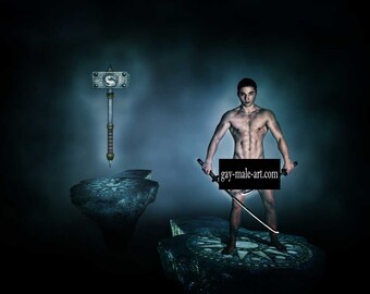 Dual Swords vs Warhammer Gay Art Male Art Nude Digital Download JPG Photo by Michael Taggart Photography warrior hero mythical sword blue
