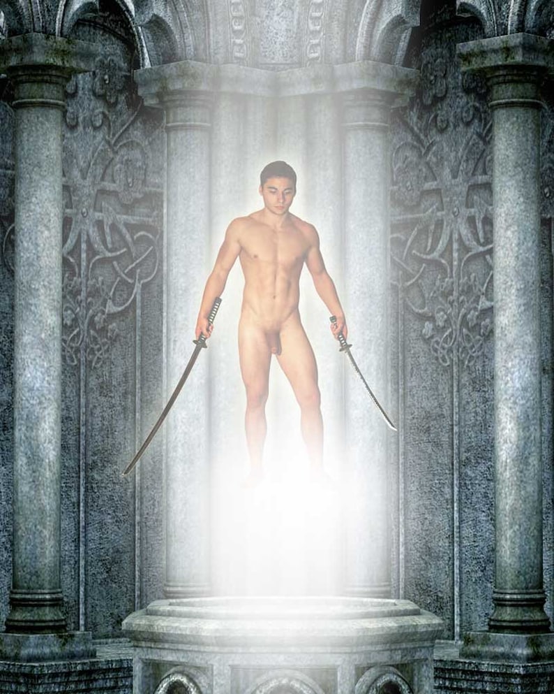 Fan Fiction Gay Art Male Art Nude Photo Print by Michael Taggart Photography monochromatic black white muscular swords temple warrior hero image 2