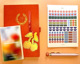 Gift Set Features A5 Vegan Leather Journal, 6 Sticker Sheets, 5 Highlighters & Brass Cherry Bookmark