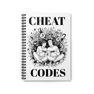 Peut inclure: Cahier à spirales avec les mots "CHEAT CODES" en gras noir. La couverture présente une illustration en noir et blanc d'un couple jouant à des jeux vidéo, entouré de gribouillis d'icônes liées aux jeux.