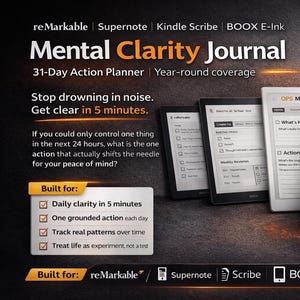 Mental Clarity Journal | 31-Day Action Planner for reMarkable, Supernote, Kindle Scribe | Hyperlinked PDF Undated
