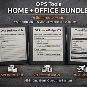 May include: An e-ink operating system bundle for Supernote Manta, featuring three planners: OPS Business Hub, OPS Home Budget OS, and Travel Ops Desk. The image displays the devices with their respective interfaces, along with icons and text.