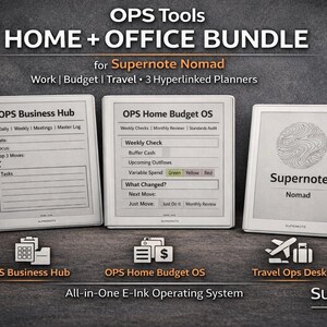 May include: An advertisement for the "Home + Office Bundle" for Supernote Nomad. The image features three e-ink devices displaying different interfaces: OPS Business Hub, OPS Home Budget OS, and Travel Ops Desk. The devices are white with black text.