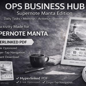 May include: An advertisement for the OPS Business Hub Supernote Manta Edition. The image features a Supernote Manta device with a stylus, a cup of coffee, and the text "Hyperlinked PDF". The image is in grayscale.