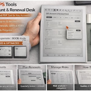 Peut inclure: Une liseuse affiche l'interface "OPS Account & Renewal Desk", un outil de gestion des comptes et des renouvellements. L'image comprend le texte "Hyperlinked PDF Tool for Key Accounts" et "Plan & Run up to 12 Accounts". Un stylo et une tasse de café sont également visibles.