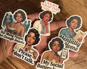 Social Battery 1% Sticker Pack | Retro Black Woman Introvert Vinyl Set | Funny Overstimulated Gift for Her