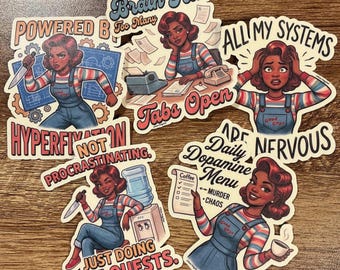 ADHD Black Woman Sticker 5-Pack | Funny Neurodivergent Vinyl Decals | Too Many Tabs Open | Daily Dopamine Menu Laptop Gift