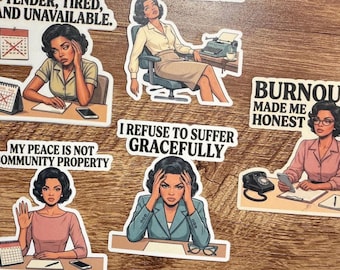 Burnout Sticker Set for Women | Retro Black Woman Self Care Vinyl | Funny Mental Exhaustion Decals Waterproof Pack