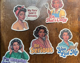 I’m Listening Against My Will: 5-Piece Sarcastic Retro Black Woman Vinyl Sticker Pack