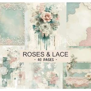 Puede incluir: Un collage digital con rosas de acuarela y diseños de encaje en suaves colores pastel. La imagen incluye arreglos florales, bordes de encaje y el texto "ROSES & LACE - 40 PAGES". La estética general es vintage y romántica.