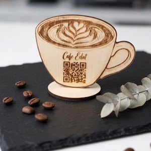 Personalisierter QR Code Aufsteller Holz Café Restaurant | Digitale Speisekarte Menü Scannen kontaktlos | Logo Gravur Tischaufsteller Holz