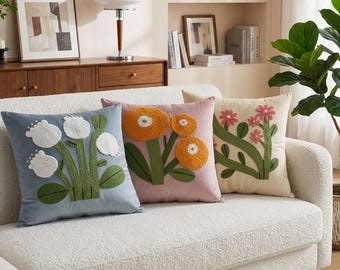 Embroidered Velvet Pillow Cover: 3D Floral Botanical Throw Cushion Case (45x45cm)