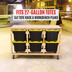 Planos para banco de trabajo móvil y estante para contenedores de 27 galones: organizador de garaje rodante de 6 compartimentos, PDF de carpintería