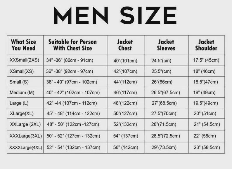 K&ouml;nnte beinhalten: Herren-Jacken-Gr&ouml;&szlig;entabelle mit Ma&szlig;en in cm und Zoll. Die Tabelle umfasst Gr&ouml;&szlig;en von XXSmall bis XXXXLarge und zeigt Brust-, &Auml;rmel- und Schulterma&szlig;e. Der Text "MEN SIZE" steht oben.