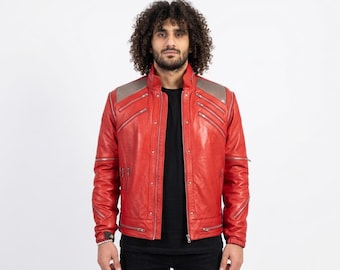 Michael Jackson inspirierte Beat It rote Lederjacke | Retro Biker Kostüm