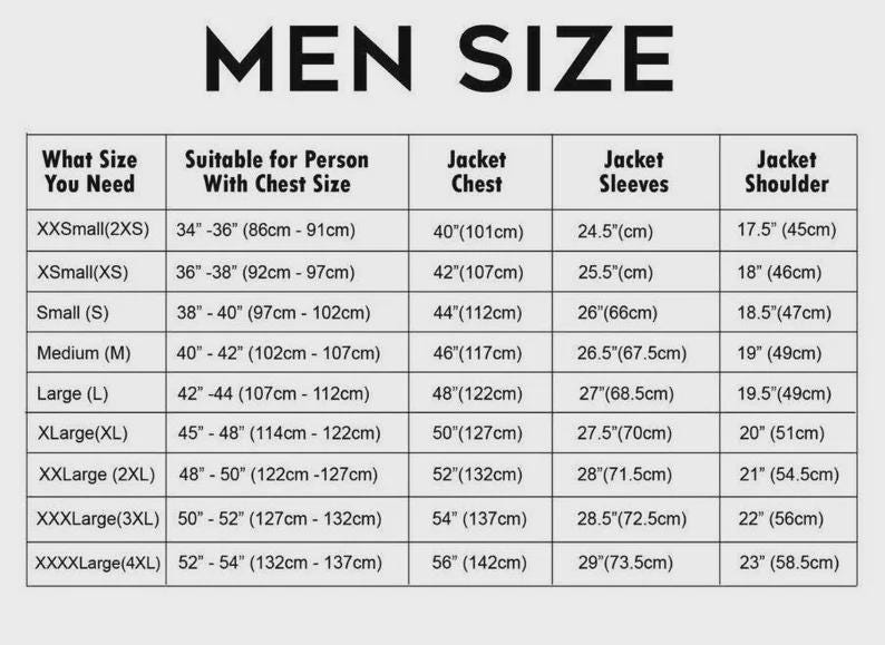 May include: A size chart for men's jackets, with measurements in inches and centimeters. The chart includes sizes from XXSmall to XXXXLarge, detailing chest, sleeve, and shoulder measurements for each size. The text "MEN SIZE" is at the top.