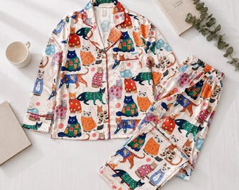 Set pigiama da donna con stampa di gatti, set da notte in raso, pigiama con stampa di gatti carini, pigiama con bottoni, abbigliamento da casa a maniche lunghe, regalo per lei, set pigiama da donna
