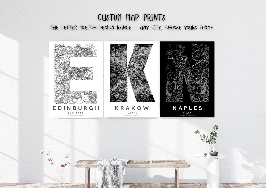 Letter Sketch - Customised City Map Digital Print, Personalised Map ...