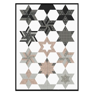 May include: A geometric pattern of black, gray, and pink stars arranged in a honeycomb pattern on a white background.
