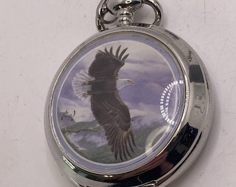 Al Agnew Mens American Bald Eagle Pocket Watch Works New Battery
