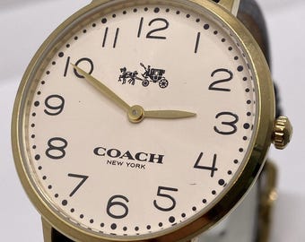 Coach Easton Gold Tone Dial Black Leather Strap Women's Watch New Battery Works