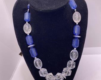 Vintage Clear Blue Glass Bead Necklace Womens Fashion