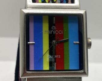 Minicci Womens Colorful Rainbow Tank Watch Stretch Band Works New Battery