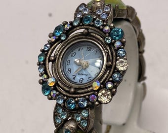 Vintage Green Blue Gem Womens Cuff Bangle Watch Works New Battery