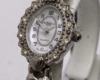 Vintage La express Womens Yellow Gem Heart Black Leather Watch New Battery Mop