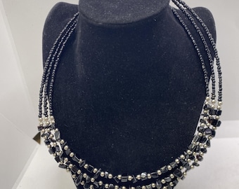 Vintage Three Strand Womens Black Bead Necklace