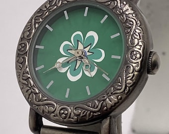 Vintage Green Art Flower Beaded Watch Works New Battery