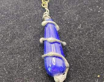 Vintage Cobalt Blue Sea Glass Necklace Womens Fashion
