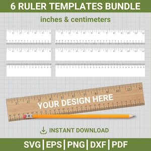 Op de afbeelding: Een bundel van zes liniaal sjablonen, met inch- en centimeter metingen. Eén liniaal is van hout met de tekst "YOUR DESIGN HERE". Een gele potlood ligt naast de houten liniaal. De tekst "INSTANT DOWNLOAD" is ook zichtbaar.