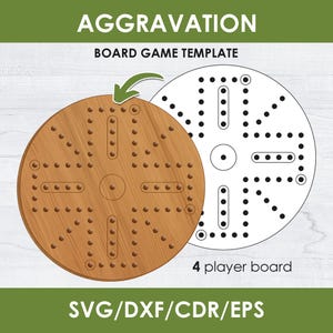 May include: A wooden Aggravation board game template with a 4-player design. The board is round with holes for pegs and has the text "AGGRAVATION BOARD GAME TEMPLATE" and "4 player board". The image also includes the file types SVG/DXF/CDR/EPS.