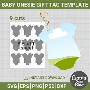 May include: Baby onesie gift tag template with a light blue and green design. The image includes a sheet with nine gray onesie cutouts and a sample tag. Text includes "BABY ONESIE GIFT TAG TEMPLATE", "9 cuts", "8.5"x11" sheet", "INSTANT DOWNLOAD", and "Canva DRAG & DROP".