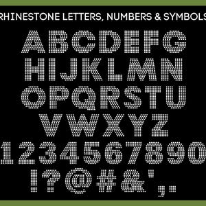 May include: A collection of white rhinestone letters, numbers, and symbols arranged on a black background. The text RHINESTONE LETTERS, NUMBERS & SYMBOLS is displayed at the top. Each character is formed by a grid of small, circular white rhinestones.