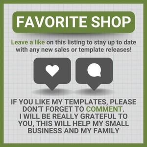 May include: A green and white graphic with the text "FAVORITE SHOP". Below are two gray speech bubbles with a white heart and a white speech bubble. The text encourages likes and comments.