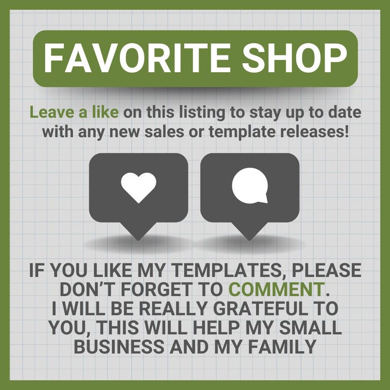 May include: A green and white graphic with the text "FAVORITE SHOP". Below are two gray speech bubbles with a white heart and a white speech bubble. The text encourages likes and comments.