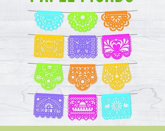 Papel Picado svg, Pacote, bandeirolas mexicanas, png, Dia dos Mortos, Arquivos de corte para banner mexicano, Clipart de Papel Picado, Bandeirolas para Festa, imprimível