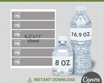 8 oz - 16 oz labelsjabloon waterfles, aangepast, waterflesomslag, doe-het-zelf, feestlabel, bewerkbaar, feestartikelen, canvas, slepen en neerzetten