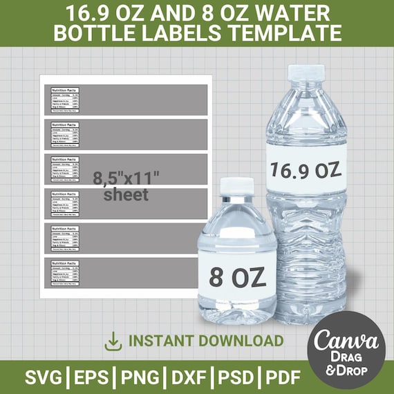 8oz - 16oz Water Bottle Label Template, custom, Water Bottle Wrap, diy, Party Label, editable,  Party Favors, Canva, Drag & Drop